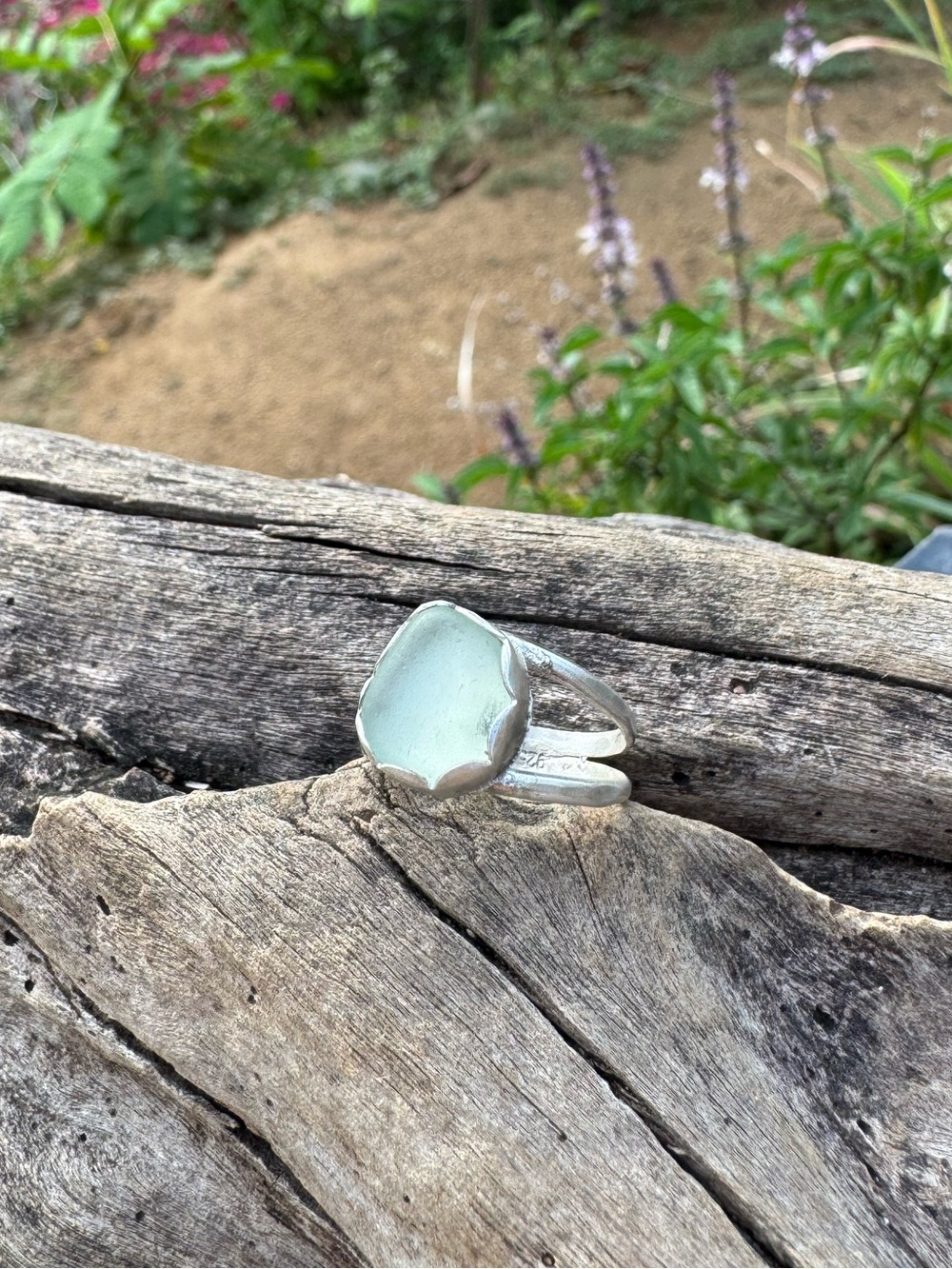 Hand Crafted Sterling Silver Ring with blue Sea Glass